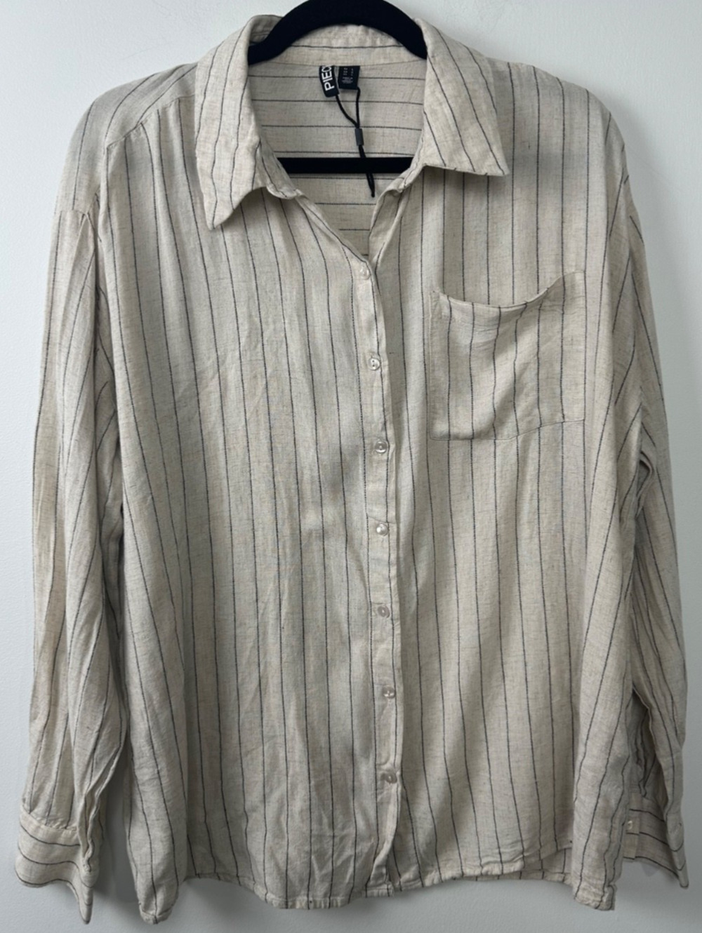 Pieces PCPIA Linen Blend Shirt Womens L Long Sleeve button Loose Striped A58